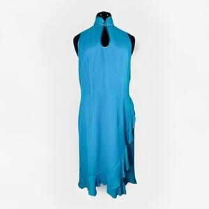 Shanghai Tang Women 14 100% Silk Blue Qipao Mandarin Collar Dress Lined Ruffle
